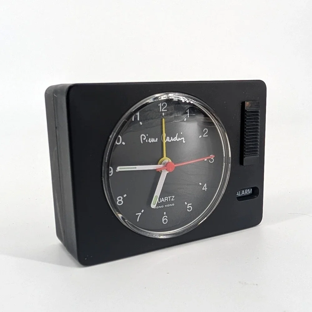 1970s Pierre Cardin Alarm Clock Black‎ Quartz Analog Vintage Minimalist 3.25